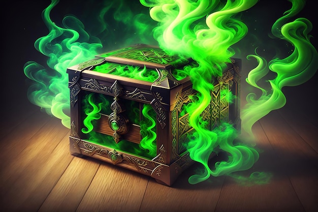 A green chest with the word treasure on it