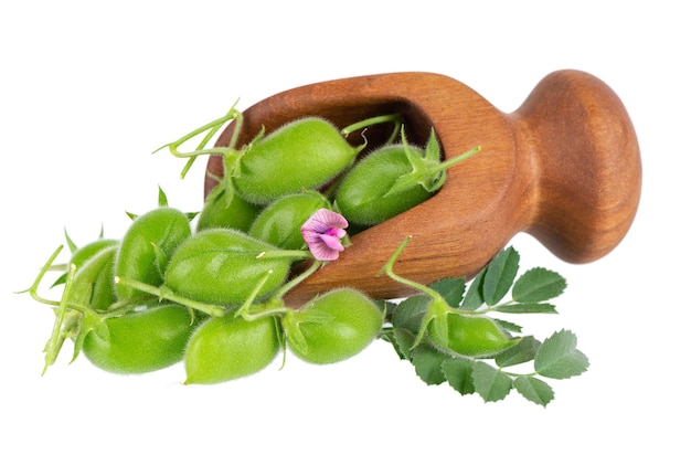 Green chickpeas in wooden spoon isolated on white background Chickpeas iin the pod with green leaves and flower Cicer arietinum Clipping path