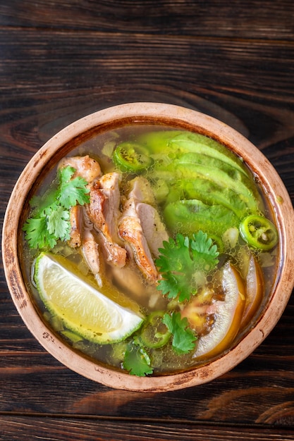 Green chili with chicken beans and avocado