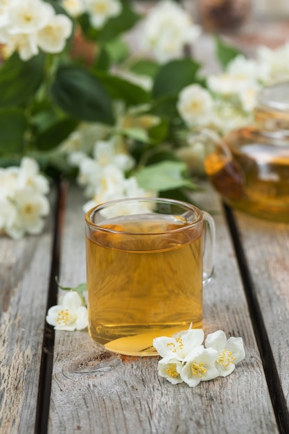 Green chinese tea with jasmine in a mug with jasmine flowers