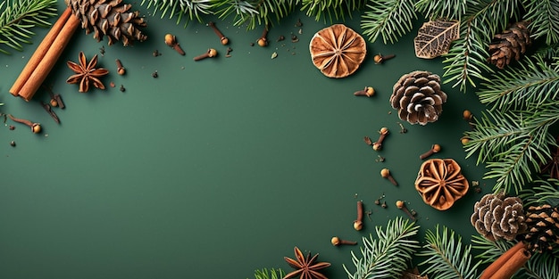 A green Christmas background including cinnamon anise and fir cones Top view flat lay and copy