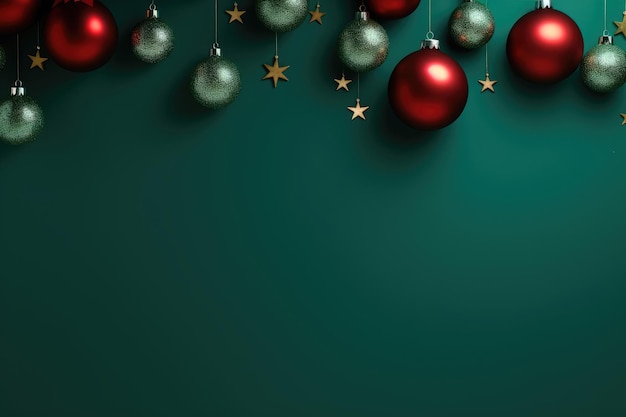 Green christmas background with baubles stars and space for text