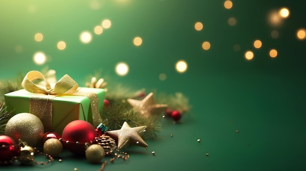 A green christmas background with a gift box and christmas decorations.