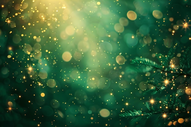 Green christmas background with golden bokeh lights and snowflakes