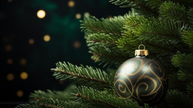 Green Christmas decoration ball with fir tree branch against black background with golden bokeh