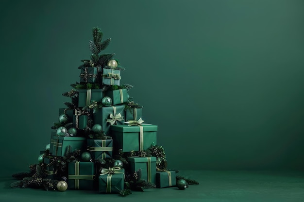 Photo green christmas presents and gifts stacked into a festive christmas tree shape