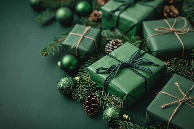 Photo green christmas presents wrapped with twine and ribbon on pine branches