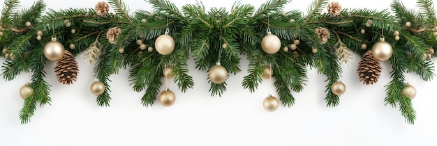 Photo green christmas tree branch on the top with hanging baubles and stars decorations on neutral black studio background