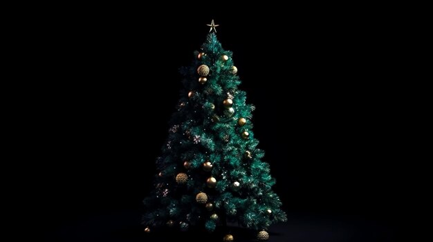 Green christmas tree decorated with balls on a black background generative ai