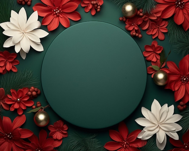 a green circle with red flowers and a green circle with a green background