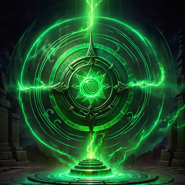 a green circle with a spiral and a circle of light in the middle