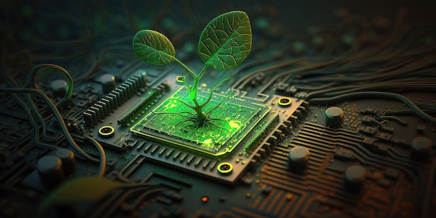 A green circuit board with a plant growing out of it.