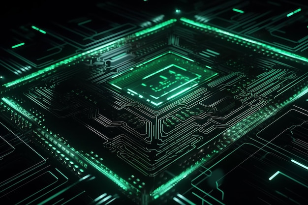 A green circuit board with the word computer on it