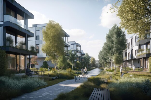 Green city with schools and homes built for the future and sustainable transport options