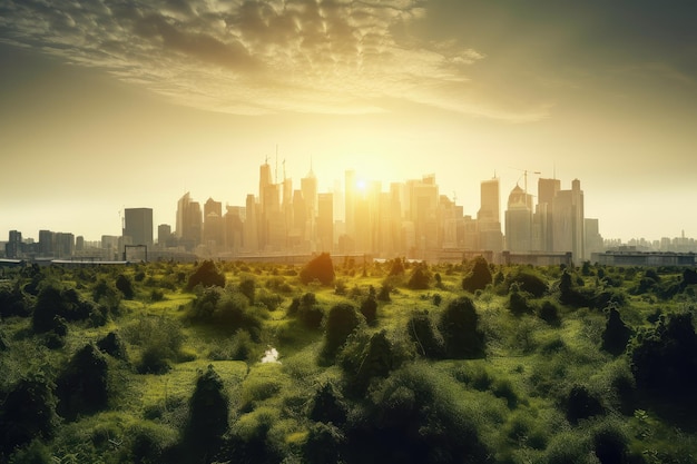 Green city with the sun setting behind dramatic skyline of tall buildings