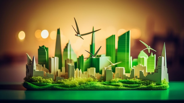 A green city with a wind turbine in the middle of it.