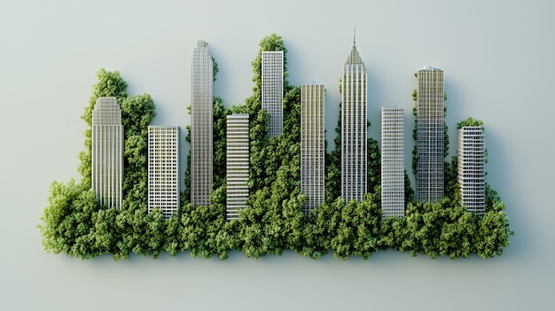 Photo green cityscape with skyscrapers surrounded by lush foliage against a light gray background