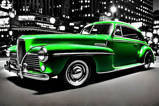 Green classic car on black and white background