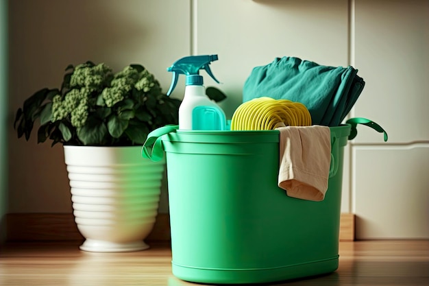 Green cleaning bucket with cleaning products and gloves is in kitchen on table