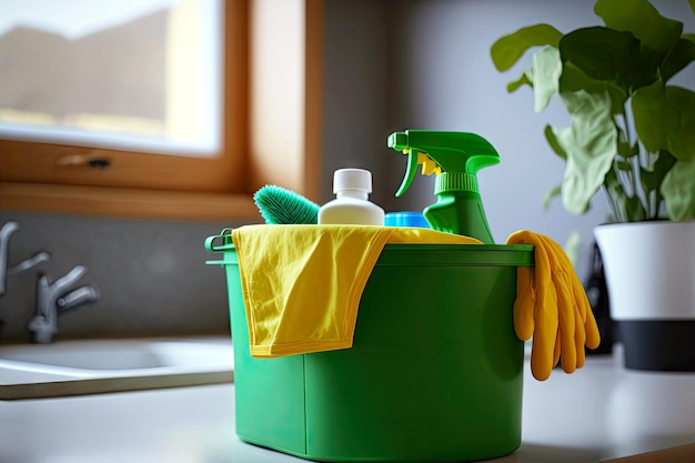 Green cleaning bucket with cleaning products and gloves is in kitchen on table