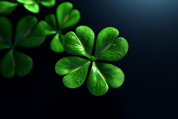 A green clover displaying four leaves against a dark background