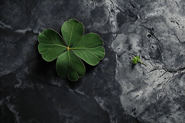 Green clover leaves on black marble table flat lay Space for text