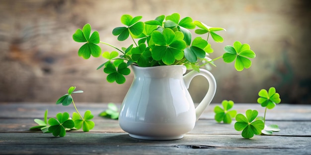 Photo green clover leaves in white jug for st patricks day celebration