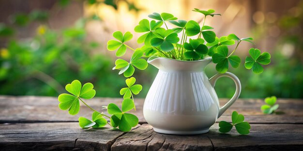 Green Clover Leaves in a White Jug St Patricks Day Symbol