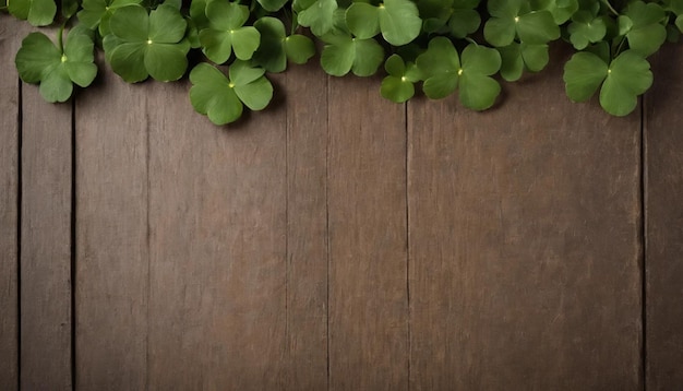 Green clover leaves on wooden background StPatricks Day Copy space Beer Holiday