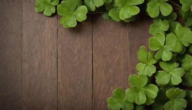 Green clover leaves on wooden background StPatricks Day Copy space Beer Holiday