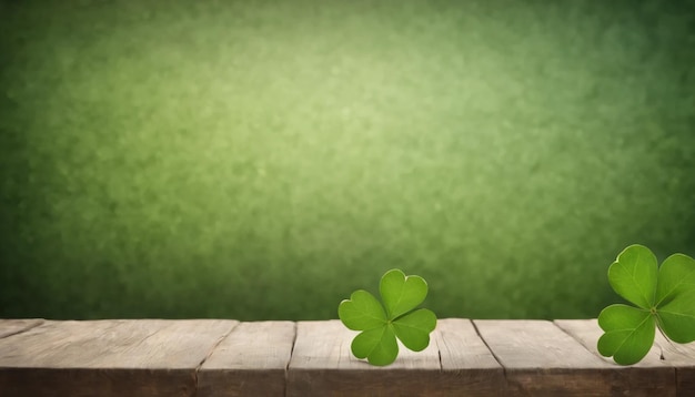 Green clover leaves on wooden background StPatricks Day Copy space Beer Holiday