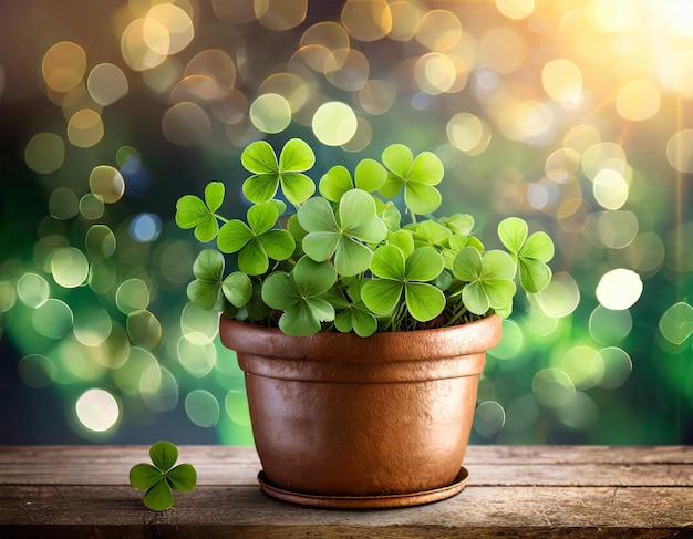 Photo green clover plant in pot on wooden table with bokeh light background