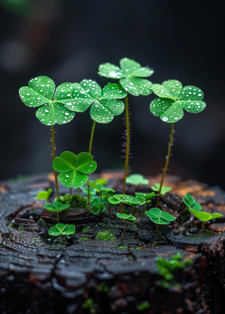 Photo green clover plants growing on a wooden stump after rain clover plants thrive on a weathered wooden stump