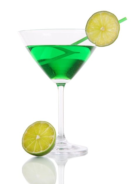 Green cocktail in martini glass isolated on white