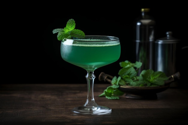 A green cocktail with a mint leaf garnish on a wooden table.