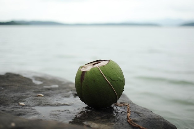 Photo green coconut by the waters edge