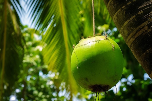 Green coconut hanging from a palm tree