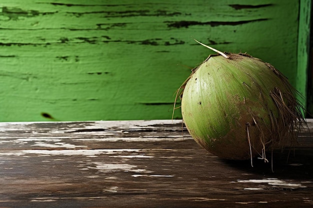 Photo green coconut on a weathered table