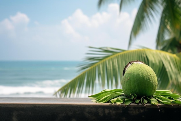 Green coconut with ocean backdrop