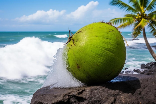 Green coconut with ocean backdrop