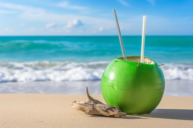 Green coconut with a straw on the beach