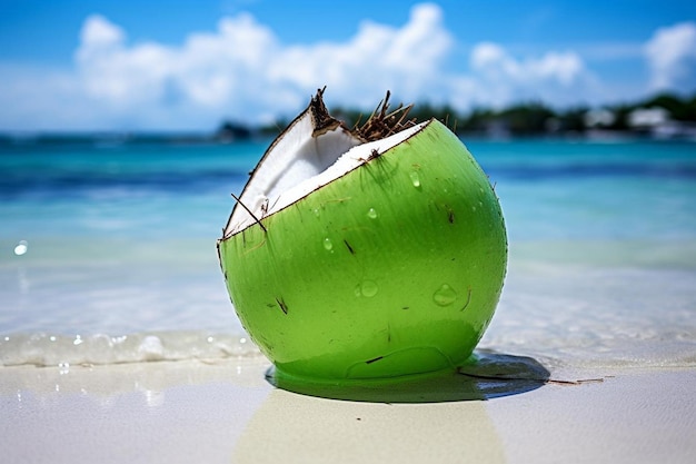 Green coconut with a tropical backdrop