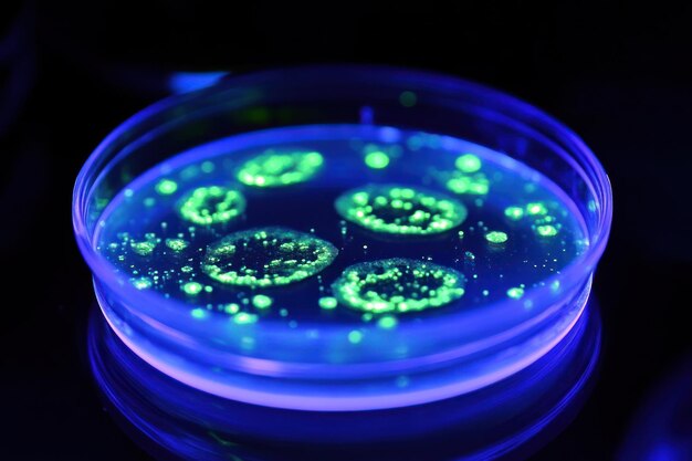 Photo green colonies of bacteria in petri dish under uv light