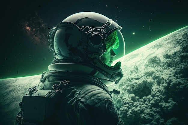 Green color Cosmonaut in space suit Beautiful illustration picture Generative AI