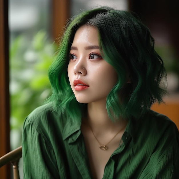 green color portrait of a beautiful Asian girl with bright green hair in a green shirt closeup