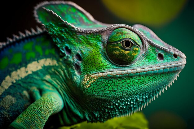 Photo green colored chameleon close up