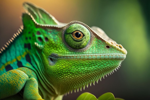 Photo green colored chameleon close up