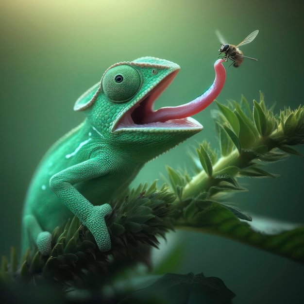 Green colored chameleon on stem ai generative