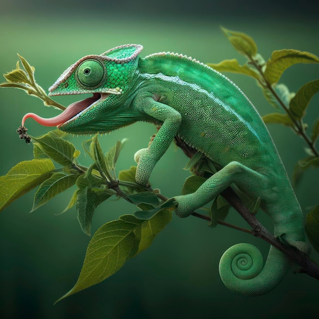 Green colored chameleon on stem ai generative