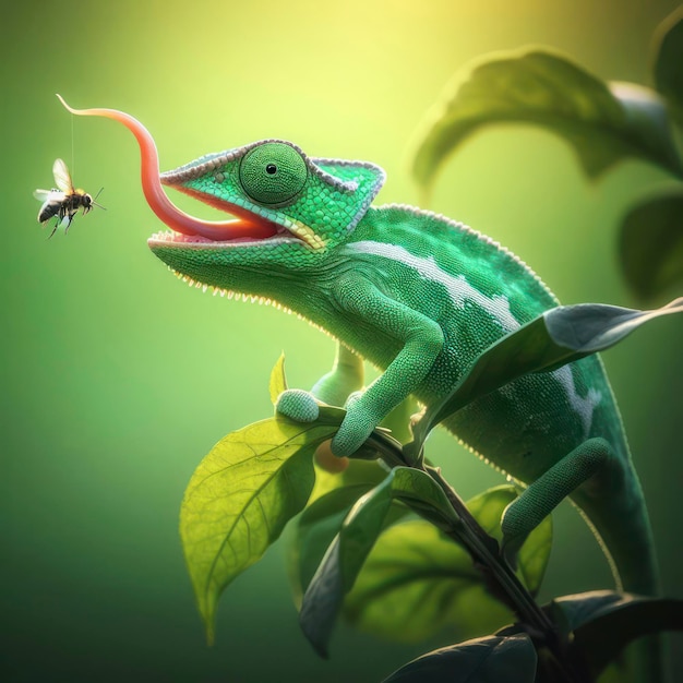 Green colored chameleon on stem ai generative